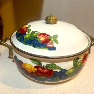 Vtg‎ Lincoware Orchard Royale porcelain enamel Dutch oven Pot w Lid fruit design